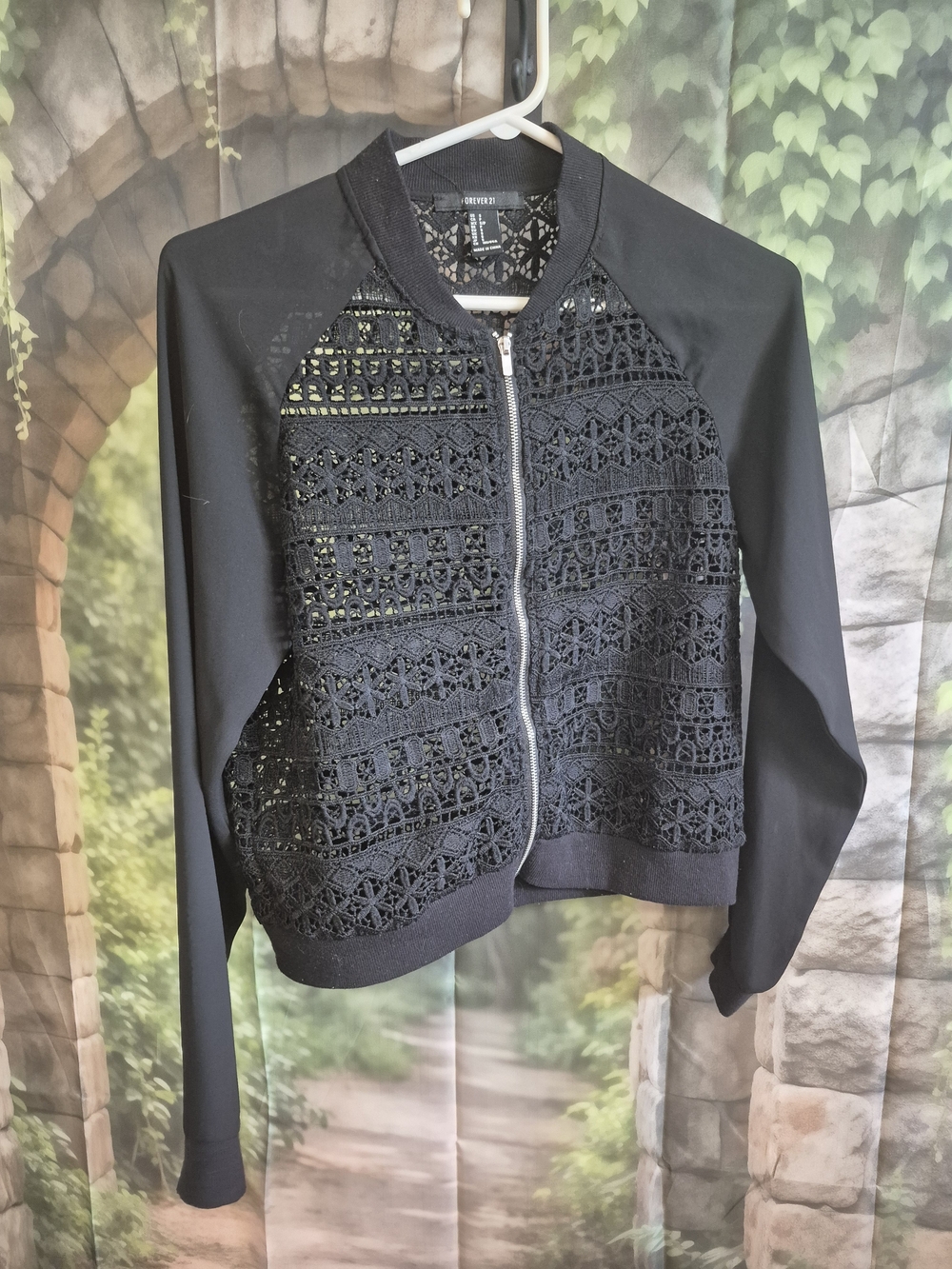 Black Lace-Front Bomber Jacket - Forever 21